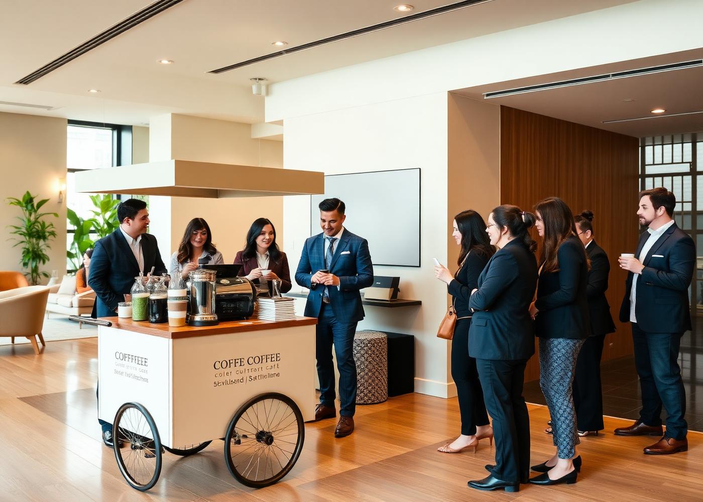 Cold brew cart set up in a corporate office lobby