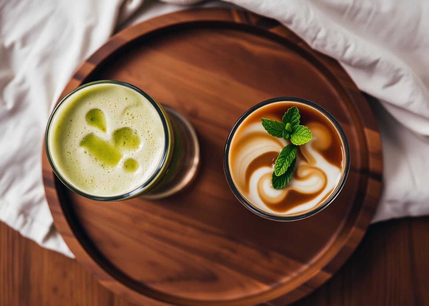 Overhead of iced matcha and iced cold brew on a wooden tray